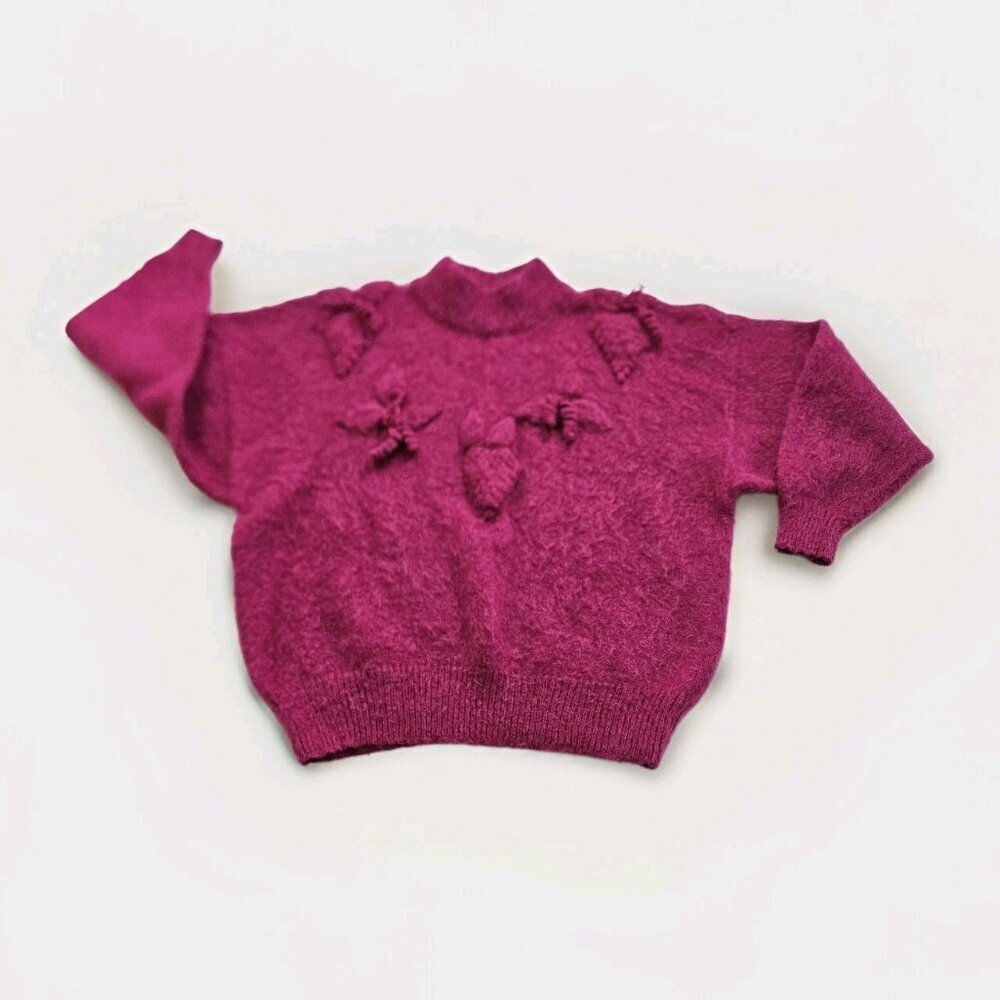 Unbranded Handknit Sweater Women M/L Fucsia LS Mock Neck Embellished Boho Preppy